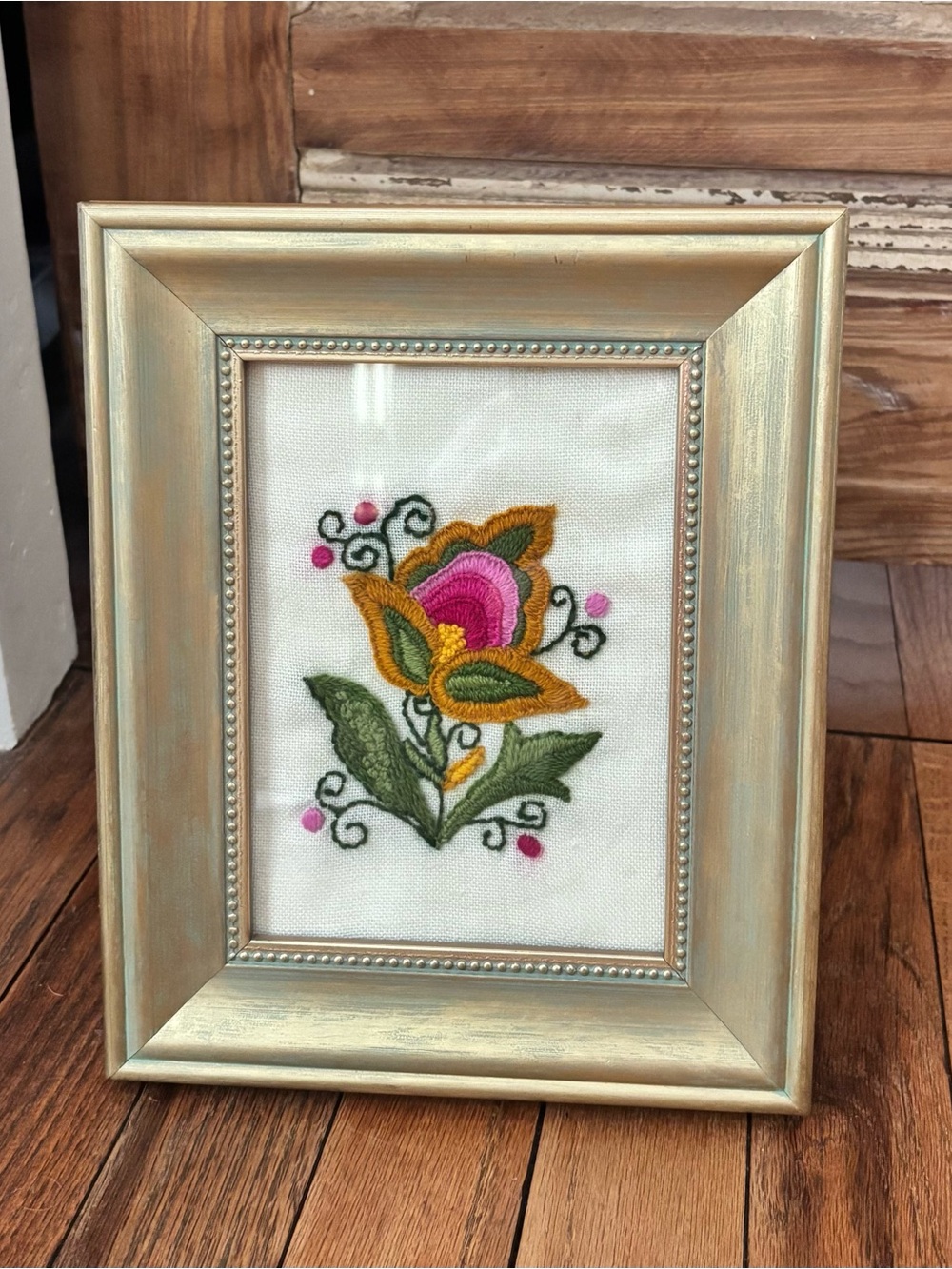 Framed Floral Crewel Embroidery in Gold Frame - Pink & Mustard Flower